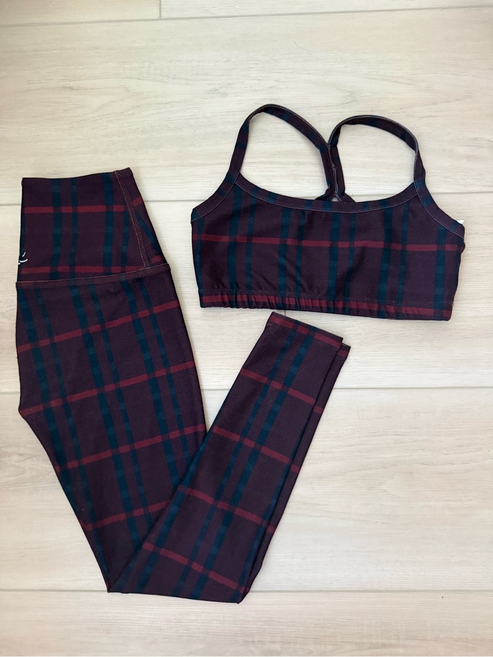 Beyond Yoga Burgundy Plaid Leggings & Sports Bra Set